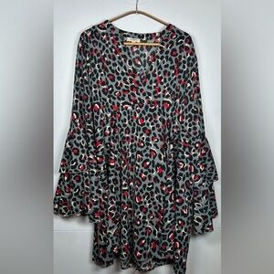 Umgee Gray and Red Animal Print Dress- 3/4 Length Bell Sleeves. Size Large.
